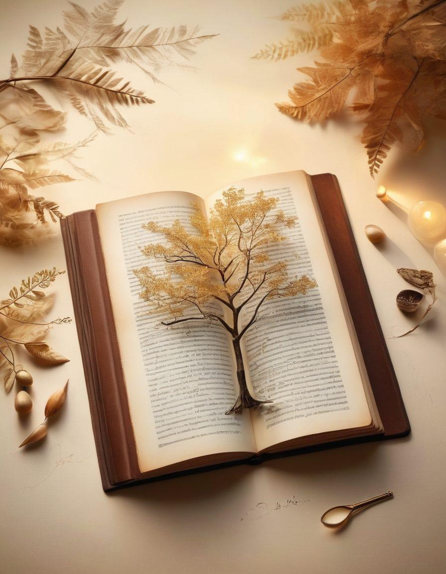 A beautifully crafted open vintage book, pages slightly yellowed, revealing hand-written ancestral narratives in elegant calligraphy. Surrounding the book, ethereal shadows and soft glowing light symbolize the passage of time, merged with modern digital elements like a tablet and a quill pen. A faint family tree graphic weaves through the image, connecting past and present. The color palette includes warm earth tones with touches of gold. ultra-realistic. warm tones. soft focus.