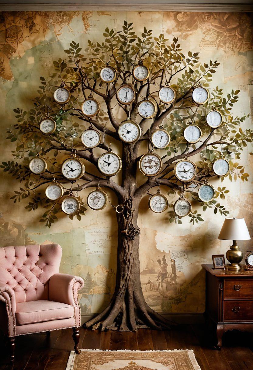 A beautifully intricate family tree, with historical documents, vintage photographs, and connecting branches, set against a backdrop of an antique map. Subtle hints of genealogy symbols, such as a magnifying glass and a compass, are integrated into the scene. The lighting creates a warm, inviting atmosphere, suggesting a journey through time and heritage. The color palette features earthy tones combined with gentle pastels for a nostalgic feel. super-realistic. vintage style. warm tones.