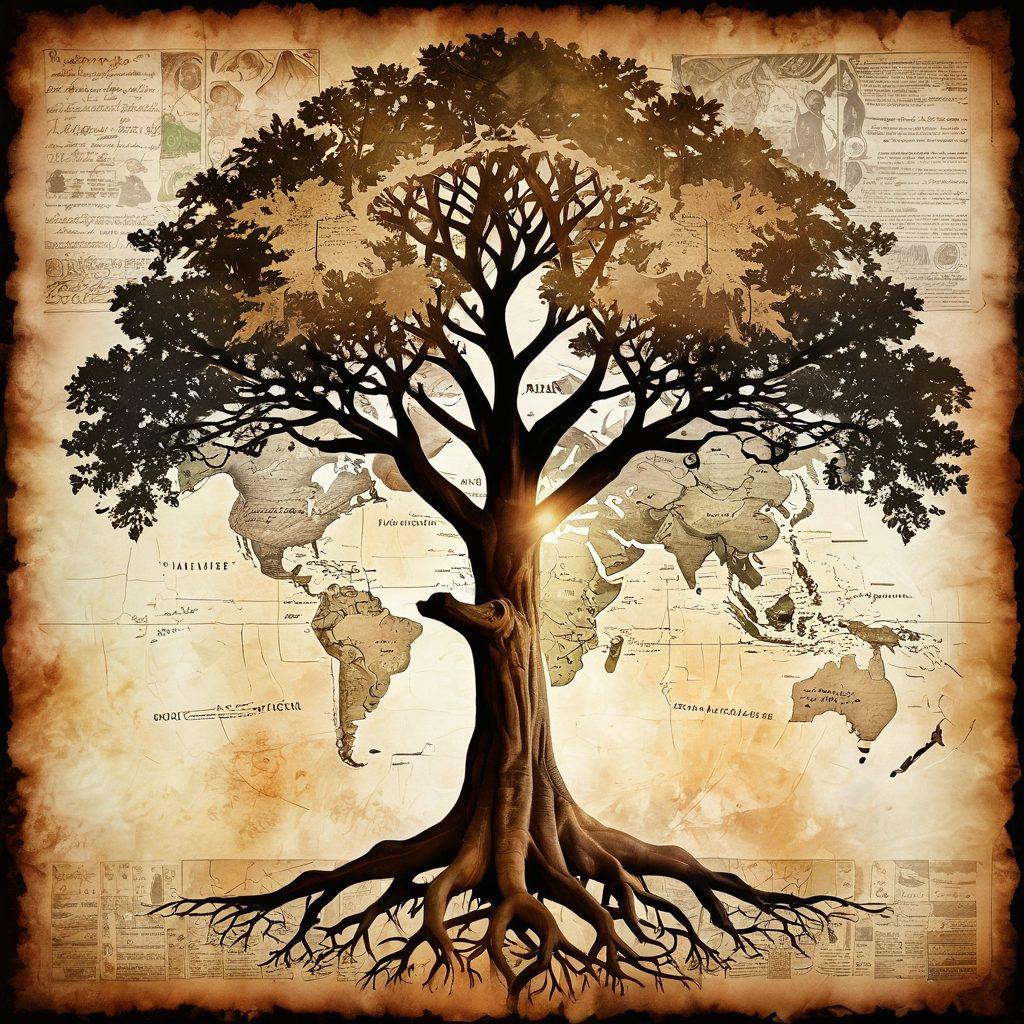 A collage of a vintage family tree intertwined with ancient maps, old photographs of ancestors with blurred edges, and symbolic representations of diverse cultures like a globe, historical landmarks, and heirlooms. The overall color scheme should evoke nostalgia with warm, earthy tones. The background should be softly textured, resembling aged parchment. super-realistic. vibrant colors. vintage style.